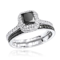 10K White Gold White Black Diamond Unique Bridal Engagement Ring Set 1.2ct