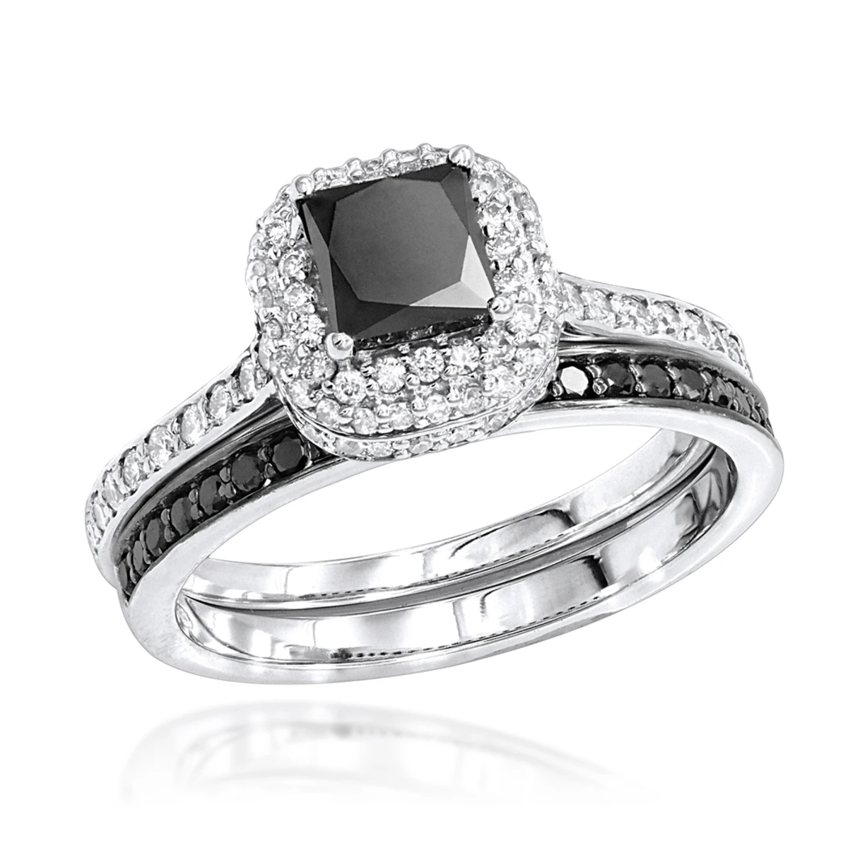 10K White Gold White Black Diamond Unique Bridal Engagement Ring Set 1.2ct 1 10K White Gold White Black Diamond Unique Bridal Engagement Ring Set 1.2ct