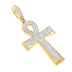 Small 10K Yellow Gold Diamond Egyptian Cross: Ankh Pendant Of Life 0.4ct