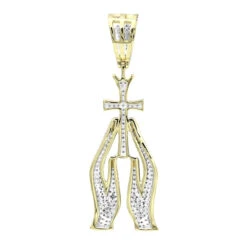 10K Yellow Gold Diamond Praying Hands And Cross Charm Pendant For Men 0.9 9 10K Yellow Gold Diamond Praying Hands And Cross Charm Pendant For Men 0.9 -Luxurman 10k gold diamond praying hands and cross charm pendant for men 09 backye