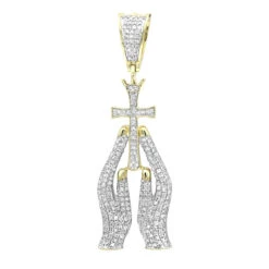 10K Yellow Gold Diamond Praying Hands And Cross Charm Pendant For Men 0.9