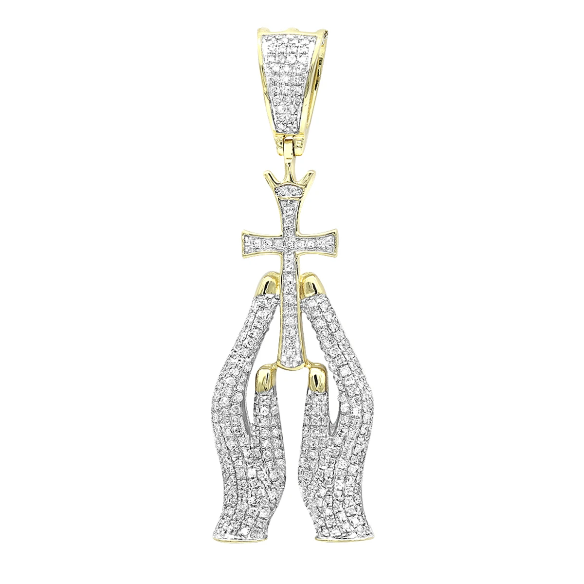 10K Yellow Gold Diamond Praying Hands And Cross Charm Pendant For Men 0.9 1 10K Yellow Gold Diamond Praying Hands And Cross Charm Pendant For Men 0.9