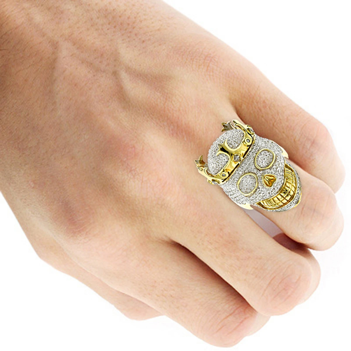 10K Yellow Gold Hip Hop Men's Diamond Skull Ring With Crown 2.75ct 5 10K Yellow Gold Hip Hop Men's Diamond Skull Ring With Crown 2.75ct - Image 5