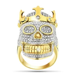10K Yellow Gold Hip Hop Men's Diamond Skull Ring With Crown 2.75ct