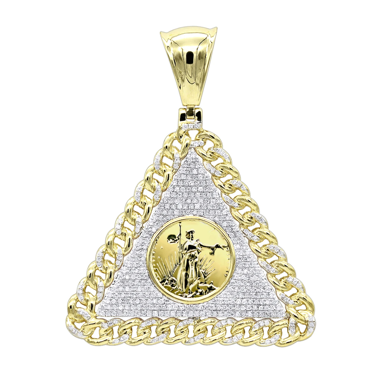 10K Yellow Gold Liberty Coin Cuban Link Triangle Diamond Pendant For Men 1.05ct 1 10K Yellow Gold Liberty Coin Cuban Link Triangle Diamond Pendant For Men 1.05ct