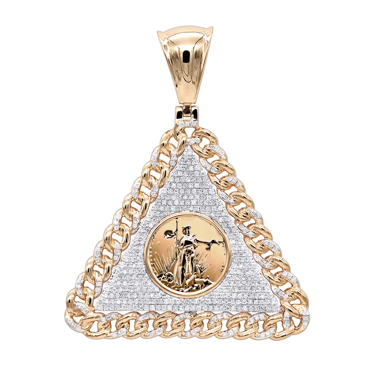10K Yellow Gold Liberty Coin Cuban Link Triangle Diamond Pendant For Men 1.05ct 3 10K Yellow Gold Liberty Coin Cuban Link Triangle Diamond Pendant For Men 1.05ct - Image 3