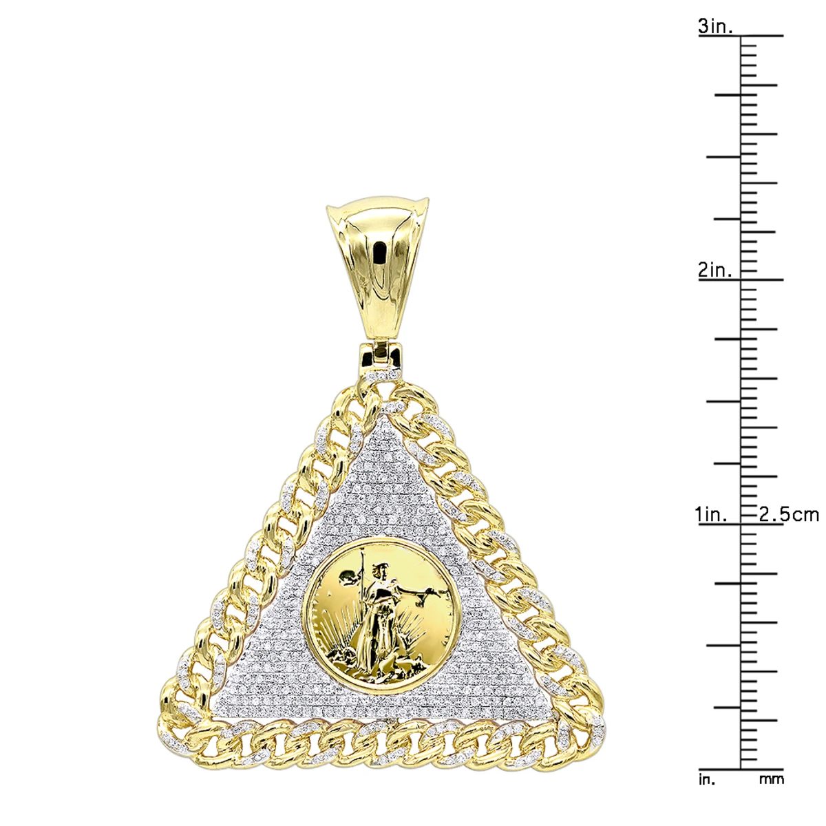 10K Yellow Gold Liberty Coin Cuban Link Triangle Diamond Pendant For Men 1.05ct 6 10K Yellow Gold Liberty Coin Cuban Link Triangle Diamond Pendant For Men 1.05ct - Image 6