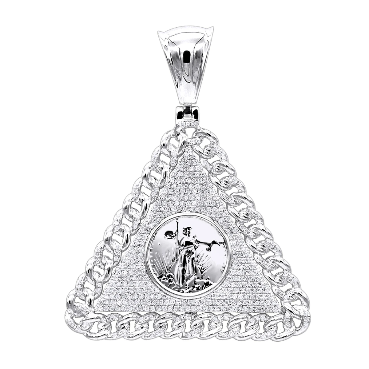 10K Yellow Gold Liberty Coin Cuban Link Triangle Diamond Pendant For Men 1.05ct 2 10K Yellow Gold Liberty Coin Cuban Link Triangle Diamond Pendant For Men 1.05ct - Image 2