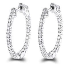 14K White Gold 1 Inch Inside Out Diamond Hoop Earrings 0.6ct By Luxurman