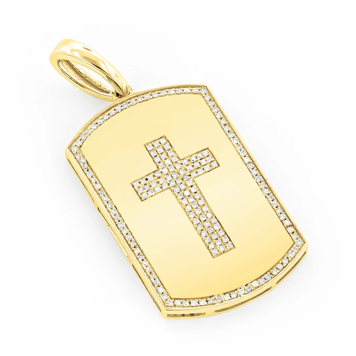 14K Yellow Gold Diamond Dog Tag Pendant With Cross Design 0.35ct 1 14K Yellow Gold Diamond Dog Tag Pendant With Cross Design 0.35ct