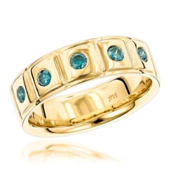 14K Yellow Gold 5 Blue Diamond Wedding Band 0.3ct Comfort Fit Five Stone Ring