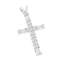 14K White Gold Baguette & Round Diamond Cross Necklace 0.35ct