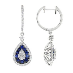 14K White Gold Blue Sapphire And White Diamond Drop Earrings For Women 2 Carats