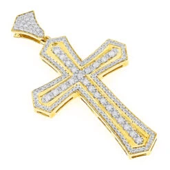 14K Yellow Gold Designer Diamond Cross Pendant For Men By Luxurman 2.5ct