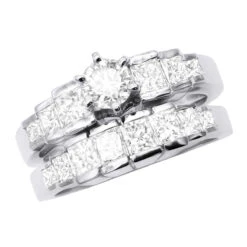 Handmade 14K White Gold Diamond Designer Engagement Ring Set 2ct
