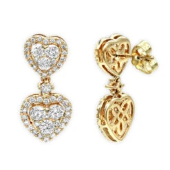 14K Rose Gold Diamond Double Heart Drop Earrings For Women 1.7ct By Luxurman -Luxurman 14k gold diamond double heart drop earrings for women 17ct by luxurman ye