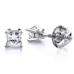 1/2 Carat 14K White Gold Diamond Stud Earrings Princess Diamonds .5ct