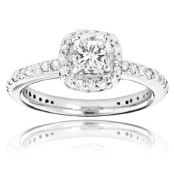 14K White Gold Cushion Cut Diamond Unique Engagement Ring 1.22ct Halo Design