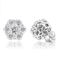 14K White Gold Earrings Round Diamond Clusters 3.5ct