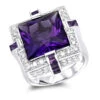14K White Gold Large Diamond Amethyst Cocktail Ring For Women By Luxurman 14ct
