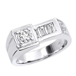 14K White Gold Men's Round & Baguette Diamonds Ring 1.59ct