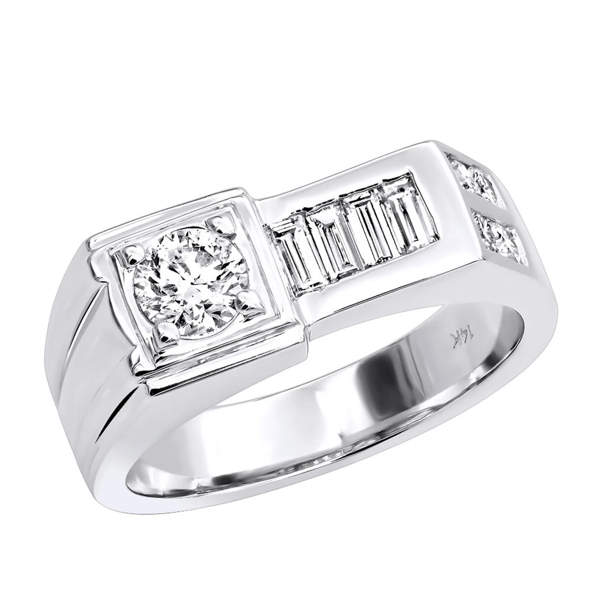 14K White Gold Men's Round & Baguette Diamonds Ring 1.59ct 1 14K White Gold Men's Round & Baguette Diamonds Ring 1.59ct