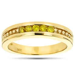 14K Yellow Gold Men's Women's Yellow Diamond Wedding Band 5 Stone Anniversary Ring
