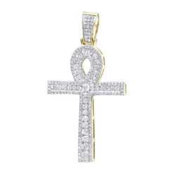14K Yellow Gold Pave Ankh Diamond Cross Pendant For Men Egyptian Symbol Of Life