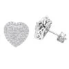 14K White Gold Pave Diamond Heart Earrings For Women 1 Carat Diamond Studs