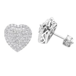 14K White Gold Pave Diamond Heart Earrings For Women 1 Carat Diamond Studs