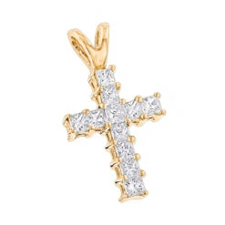 14K Yellow Gold Princess Cut Diamond Cross Pendant 0.55ct