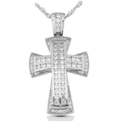 14K White Gold Round Diamond Cross Necklace 1.11ct