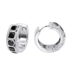 14K White Gold Single Men's Diamond Earring Unique Small Black Diamond Hoop 1.5ct
