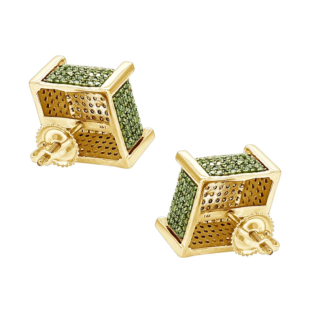 14K Yellow Gold Square Green Diamond Stud Earrings 1.3ct By Luxurman 4 14K Yellow Gold Square Green Diamond Stud Earrings 1.3ct By Luxurman - Image 4