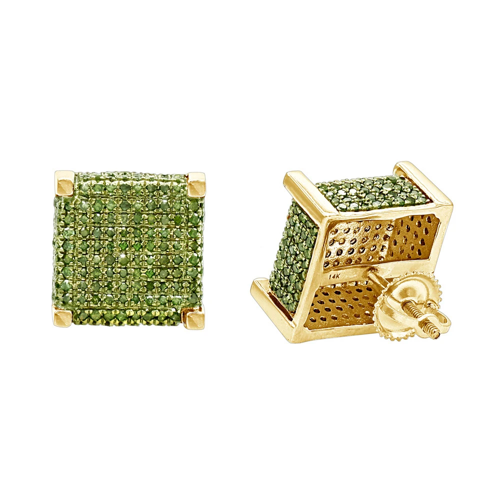 14K Yellow Gold Square Green Diamond Stud Earrings 1.3ct By Luxurman 1 14K Yellow Gold Square Green Diamond Stud Earrings 1.3ct By Luxurman
