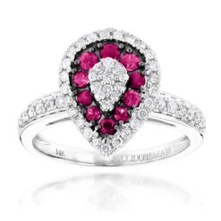 14K White Gold Unique Pear Shape Diamond And Ruby Women's Ring Drop Design 1tcw