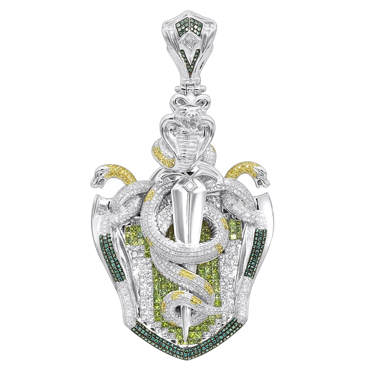 14K Gold White Blue Green Yellow Diamond Sword & Snakes Men's Pendant 18ct 1 14K Gold White Blue Green Yellow Diamond Sword & Snakes Men's Pendant 18ct