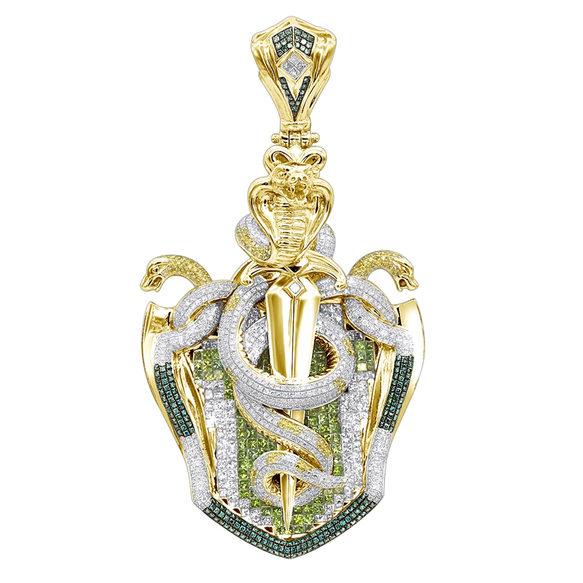 14K Gold White Blue Green Yellow Diamond Sword & Snakes Men's Pendant 18ct 2 14K Gold White Blue Green Yellow Diamond Sword & Snakes Men's Pendant 18ct - Image 2