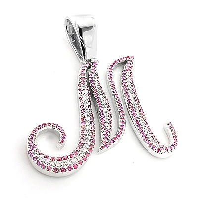Large 14K White Gold White Pink Diamond Initial M Letter Pendant Necklace 3.4ct 4 Large 14K White Gold White Pink Diamond Initial M Letter Pendant Necklace 3.4ct - Image 4