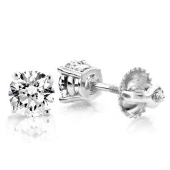 One Carat 18K White Gold 4 Prong Round Diamond Stud Earrings
