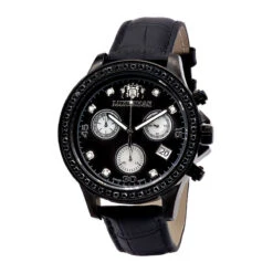 Luxurman Liberty Men's Diamond Watch Black Leather Band 44mm Bezel 2ct Swiss