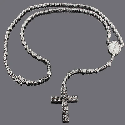 Solid 10K Black Plated Gold Black Diamond Rosary Necklace Chain With Cross 31.55ct 1 Solid 10K Black Plated Gold Black Diamond Rosary Necklace Chain With Cross 31.55ct
