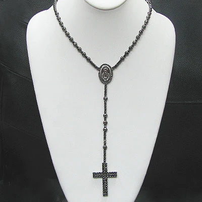 Solid 10K Black Plated Gold Black Diamond Rosary Necklace Chain With Cross 31.55ct 2 Solid 10K Black Plated Gold Black Diamond Rosary Necklace Chain With Cross 31.55ct - Image 2