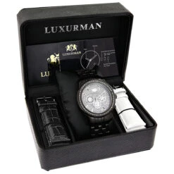 Black Diamond 2.25ct Luxurman Men's Watch Encrusted Dial -Luxurman black diamond watches luxurman mens watch 225ct p 46708box