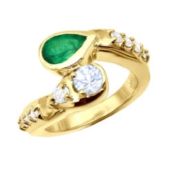 Custom 14K Yellow Gold Diamond Aquamarine Emerald Cocktail Ring For Women