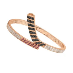 Custom Made 14K White Gold Hockey Stick Rubies White Black Diamond Bangle Bracelet -Luxurman custom made 14k gold hockey stick rubies white black diamond bangle bracelet 100033 ro