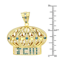 White & Blue Diamond Crown Pendant For Men 14K Yellow Gold -Luxurman custom made jewelry white blue diamond crown pendant for men in 14k gold rulerye