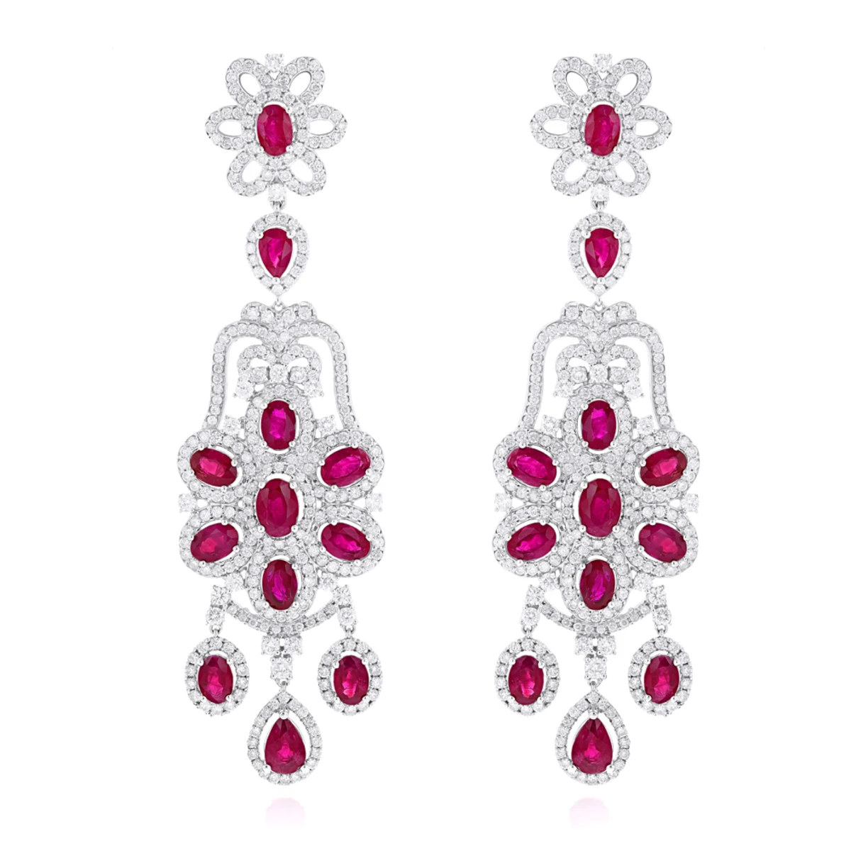 14K White Gold Designer Chandelier Ruby Diamond Earrings By Luxurman 1 14K White Gold Designer Chandelier Ruby Diamond Earrings By Luxurman
