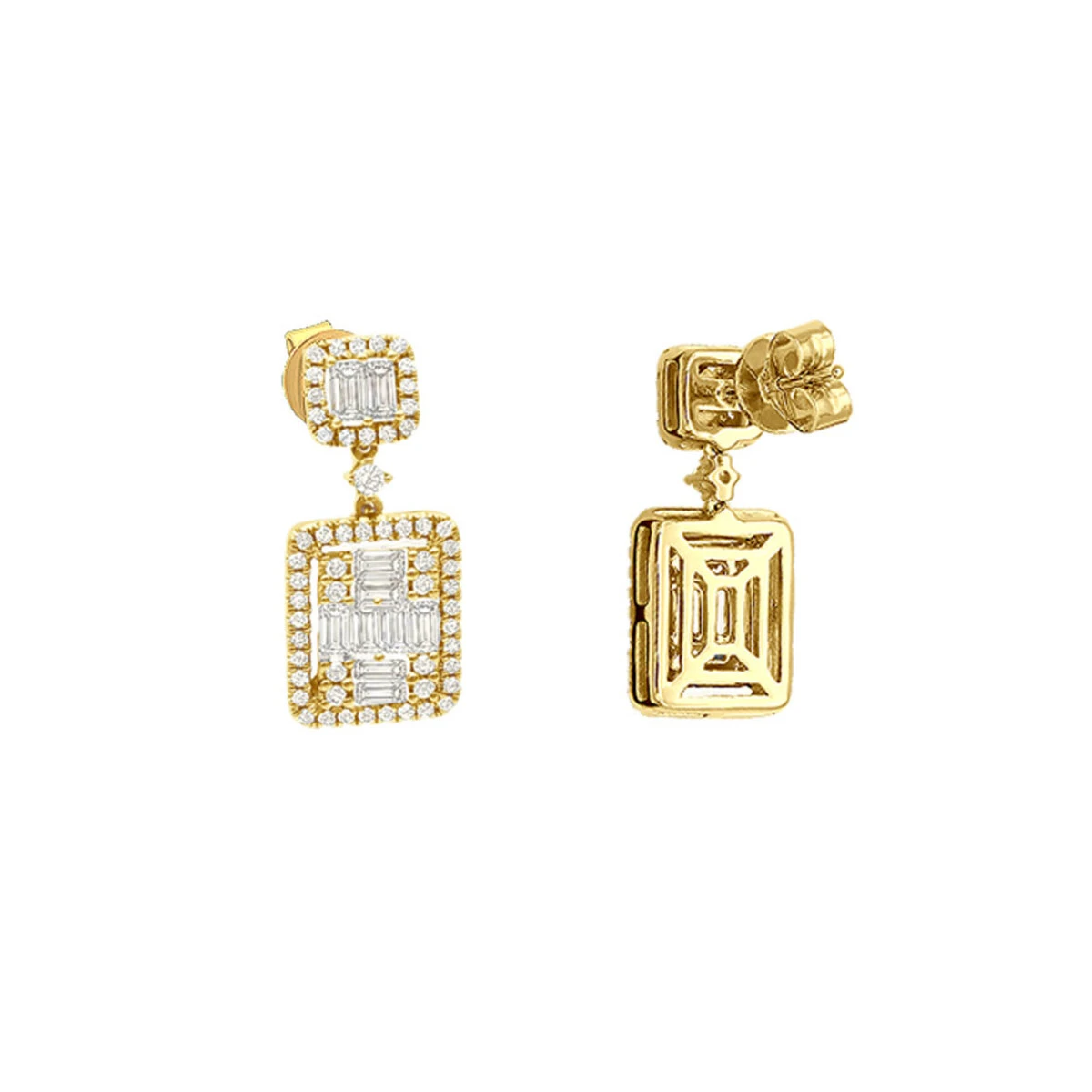 Designer Ladies Round & Baguette Diamond Drop Earrings 14K Yellow Gold 1.75ct 1 Designer Ladies Round & Baguette Diamond Drop Earrings 14K Yellow Gold 1.75ct
