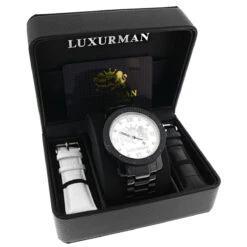 Designer Large Luxurman Phantom 0.12ct Black Diamond Watch For Men White Dial -Luxurman designer large watches luxurman phantom black diamond watch for men 012ct box